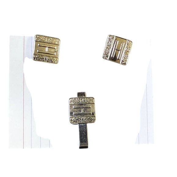 Swank Initial H Cufflinks and Tie Clip Set Vintage Gold Tone Elegant - Picture 1 of 3